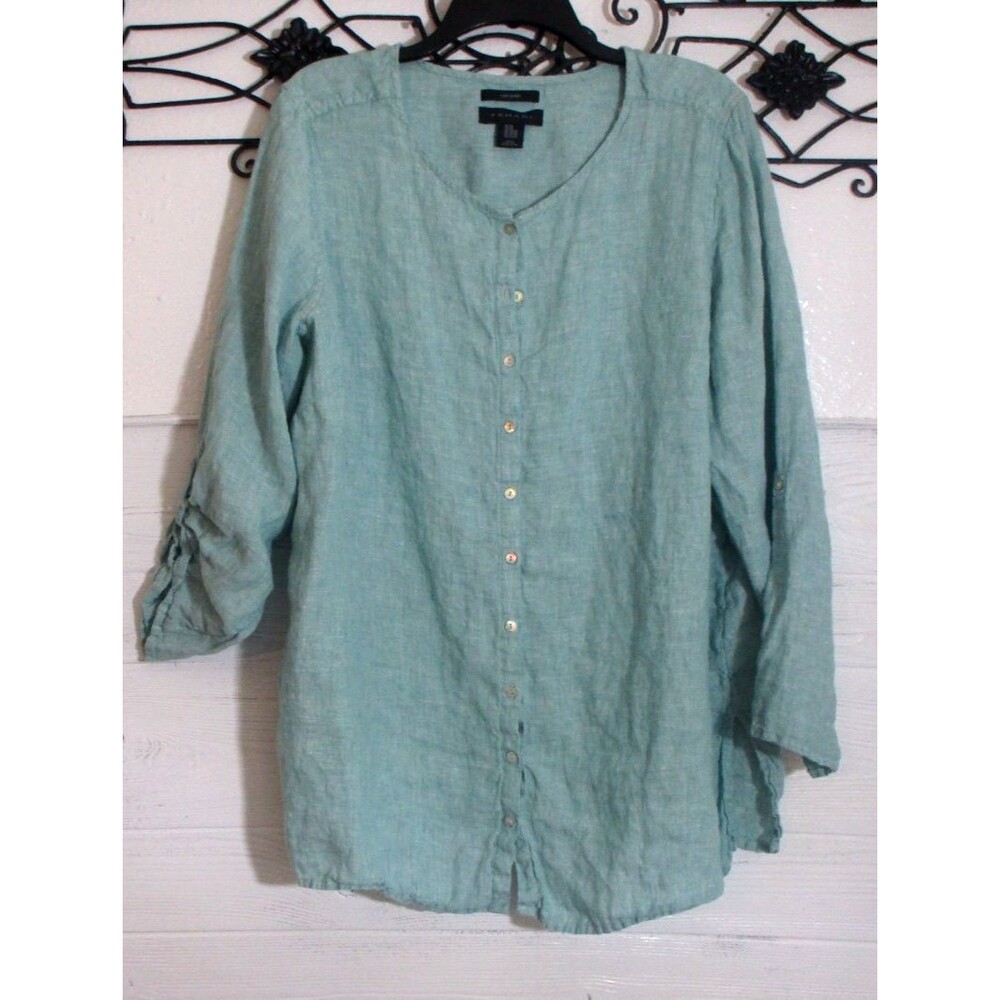 Tahari Women's Linen Top Size 2X Long Sleeve Green Button Up